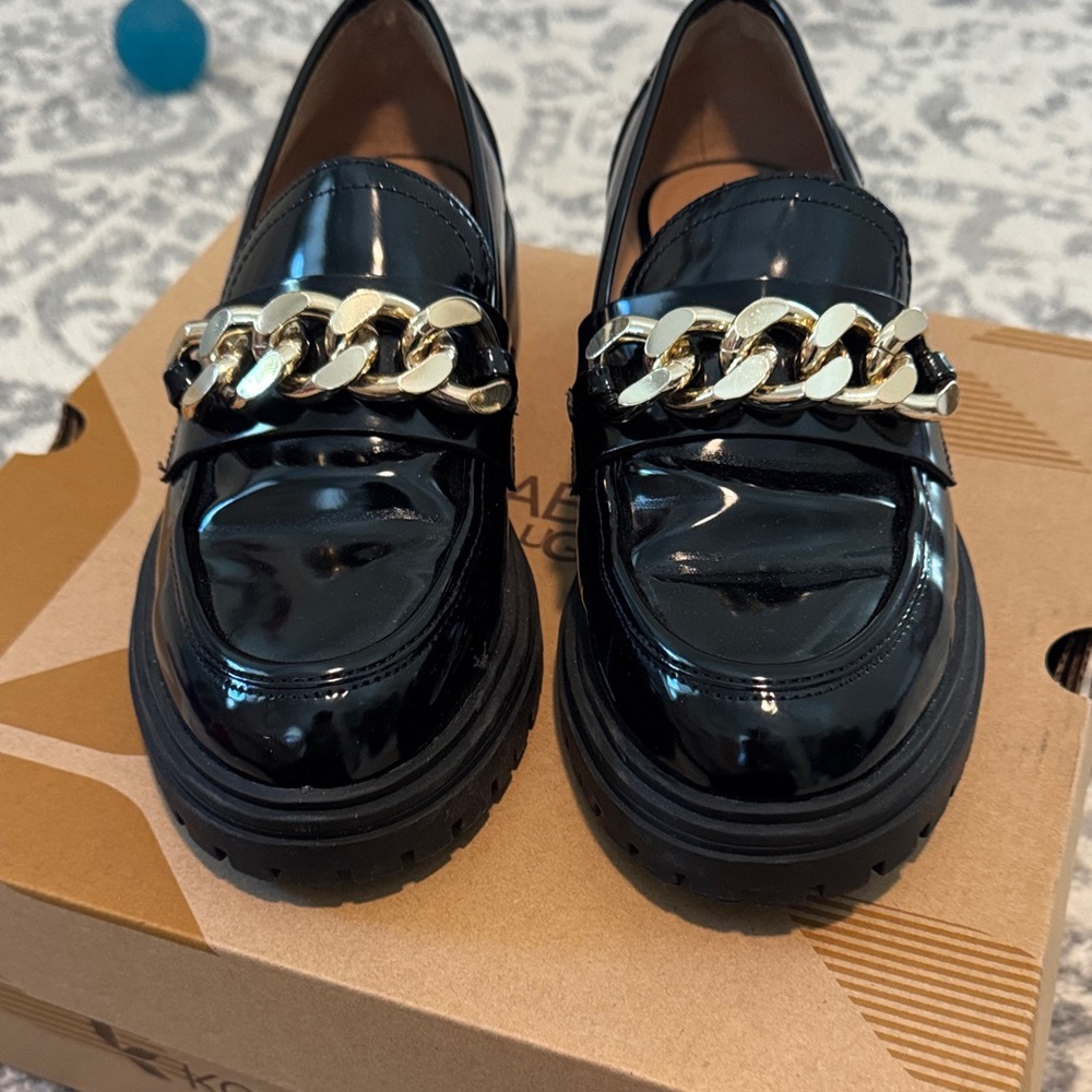 INC International Concepts Shiny Black Loafers with Gold Chain